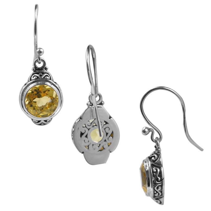Handcrafted Sterling Silver Lemon Quartz Round Hook Earrings With Balinese Detailing