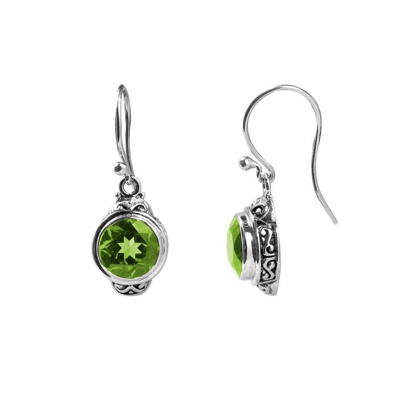 Elegant sterling silver round-shaped Peridot Quartz earrings with artistic side detailing and earwire lock, polished for modern elegance and timeless jewelry charm.
