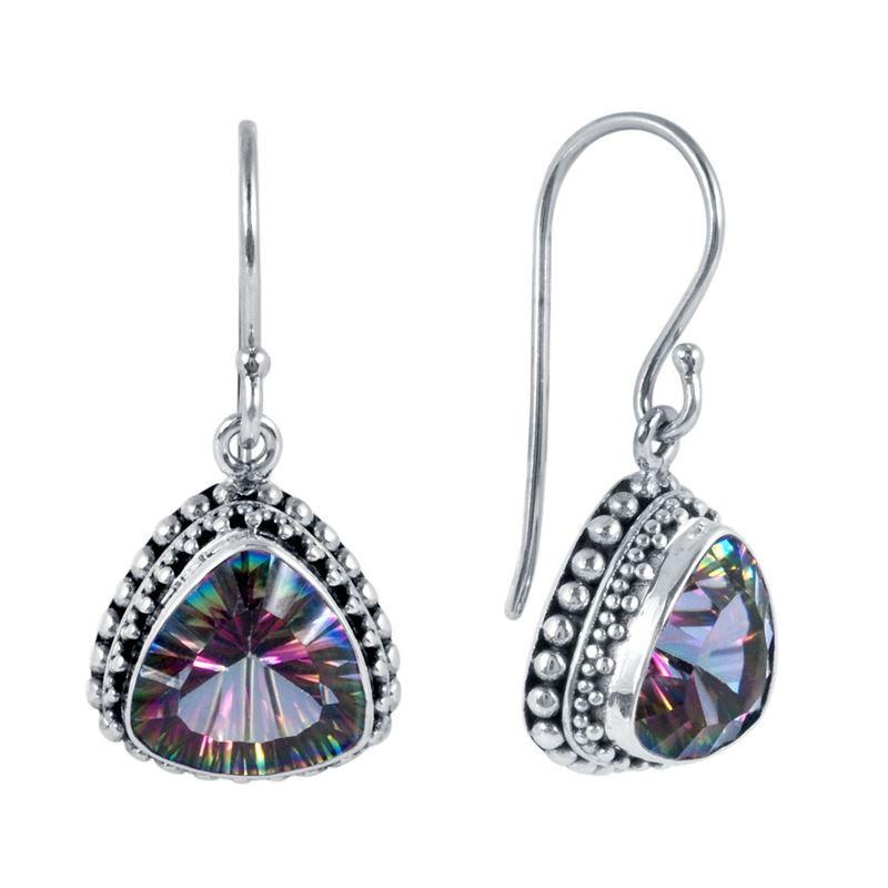 Handcrafted Sterling Silver Mystic Quartz Beaded Triangle Glow Earrings With Balinese Design