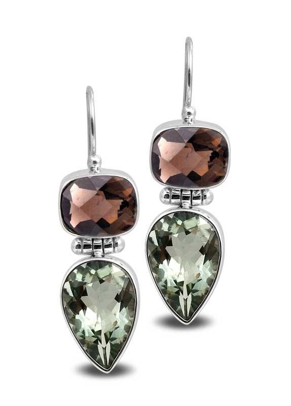 Handcrafted Sterling Silver Earrings With Smoky Quartz Cushion Tops And Green Amethyst Quartz Teardrop Design