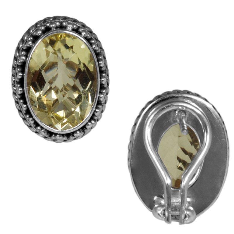 Handcrafted Sterling Silver Oval Stud Earrings With Faceted Lemon Quartz Design