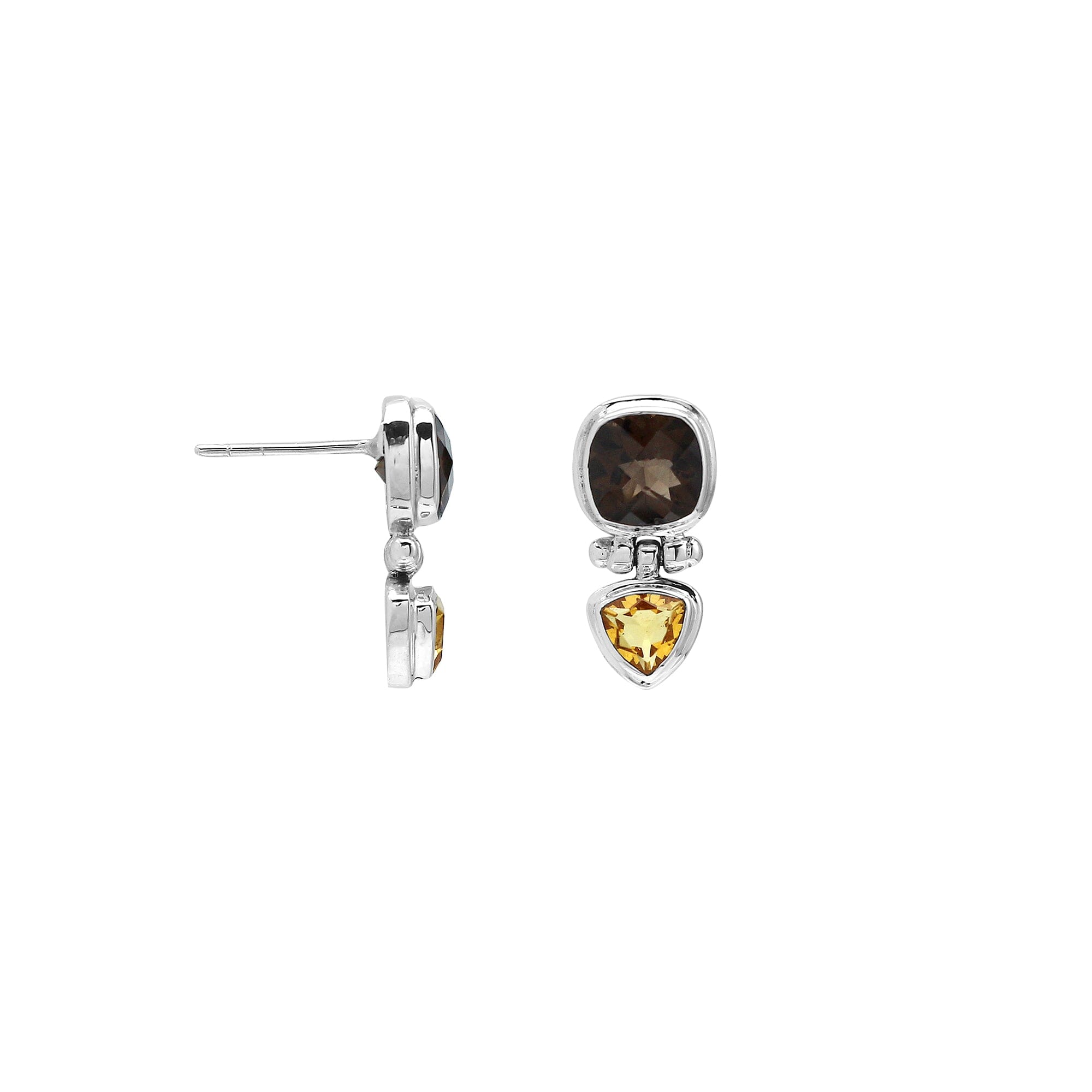 Artisan Sterling Silver Earrings With Cushion Smoky Quartz And Trilliant Citrine Quartz Drop.