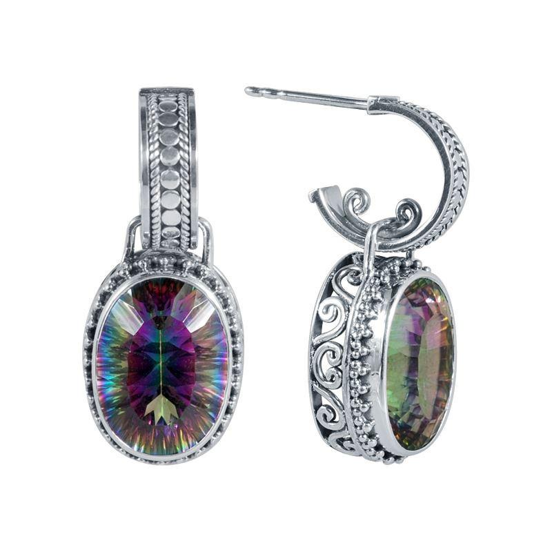 Artisan Sterling Silver Oval Earrings With Mystic Quartz And Vintage Scrollwork.