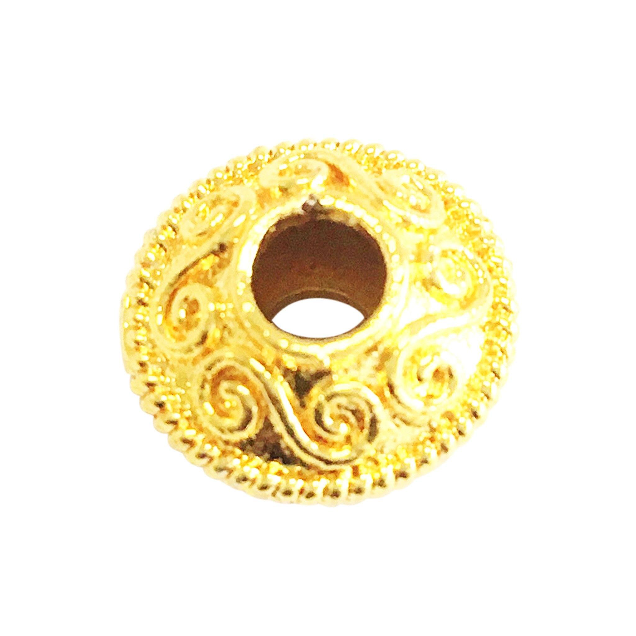 18K gold overlay large hole Bali spacer bead handcrafted in India for retail and DIY jewelry designs