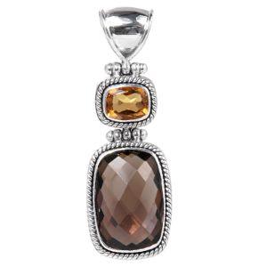 Handcrafted Sterling Silver Pendant With Citrine And Smoky Quartz In Antique Rope-Edge Frames.