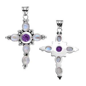 SP-2154-CO3 Sterling Silver Pendant With Rainbow Moonstone, Amethyst Q. Jewelry Bali Designs Inc