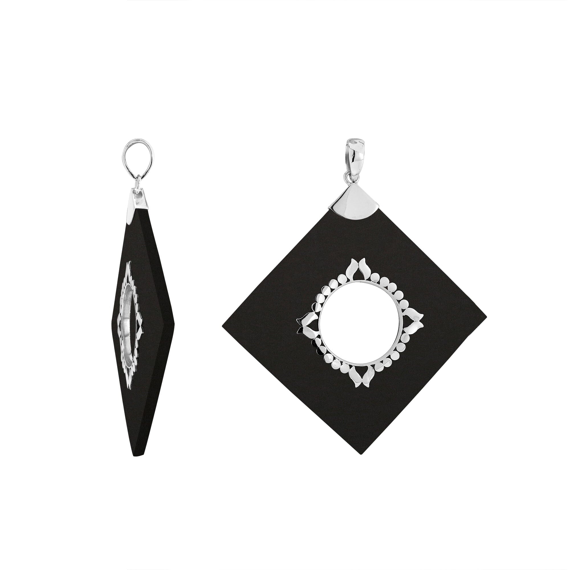 SP-5214-SHB Sterling Silver Diamond Square Shape Pendant With Black Shell Jewelry Bali Designs Inc