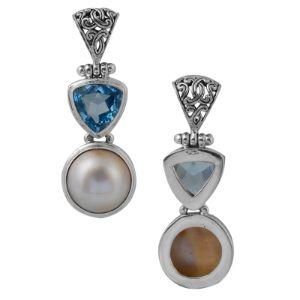 Sterling Silver Pendant With Fresh Water Pearl & Blue Topaz Quartz Trillion Drop Handcrafted In Bali