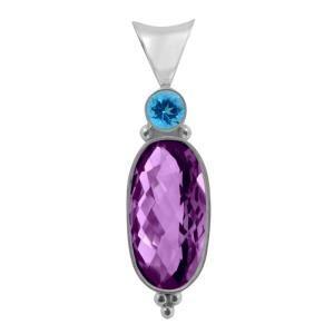 Balinese Sterling Silver Pendant With Amethyst Quartz And Blue Topaz Quartz In Oval Design.