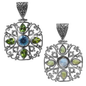 Balinese Sterling Silver Blue Topaz Quartz And Peridot Quartz Floral Pendant.