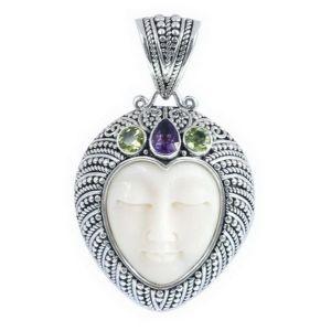 Balinese Sterling Silver Peridot Quartz Amethyst Quartz Bone Pendant With Artistic Heart Design.