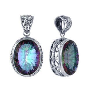 Balinese Sterling Silver Mystic Quartz Oval Pendant With Artistic Filigree Sides.