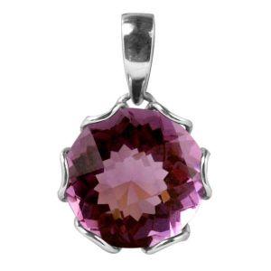 Handcrafted Sterling Silver Amethyst Quartz Round Pendant With Petal Prong Design
