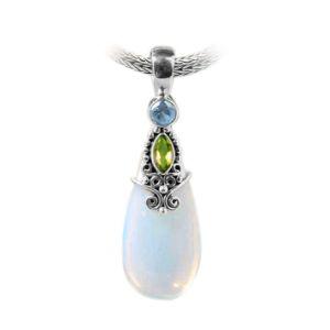 Sterling silver pendant with Peridot, Opalite, and Blue Topaz Quartz handcrafted in Bali