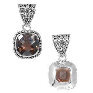 Handcrafted Sterling Silver Smoky Quartz Cushion Pendant With Rope Frame And Ornate Bail
