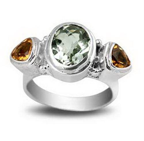 Sterling Silver beautiful ring with Citrine Quartz and Green Amethyst Quartz handcrafted in Bali, Indonesia with three-stone design