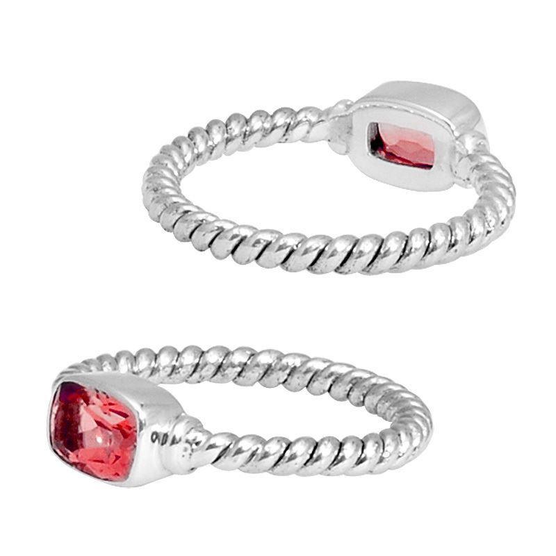 Sterling Silver Garnet Quartz Cushion Rope Ring – Handcrafted In Bali With Twisted Silver Band