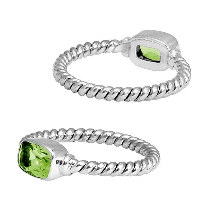 Sterling Silver Peridot Quartz Cushion Rope Ring – Handcrafted In Bali With Twisted Silver Band