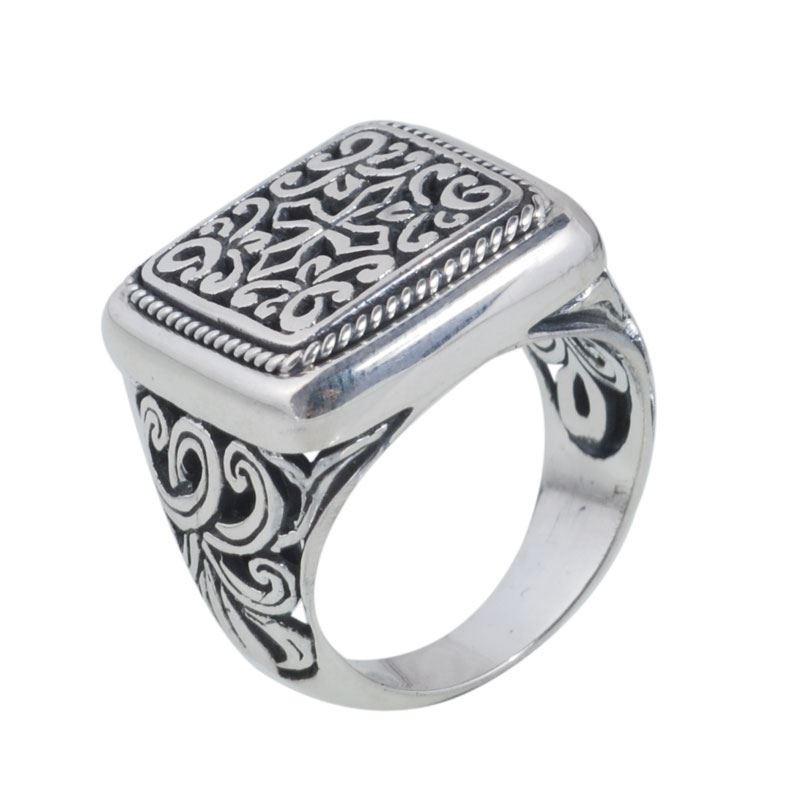Sterling silver scrollwork heritage ring for men with rectangular engraved design, handcrafted in Bali.