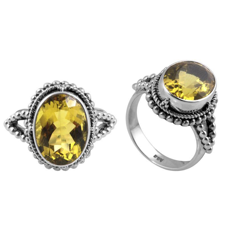 Sterling Silver Lemon Quartz Radiant Beaded Ring Handcrafted in Bali with Oxidized Finish