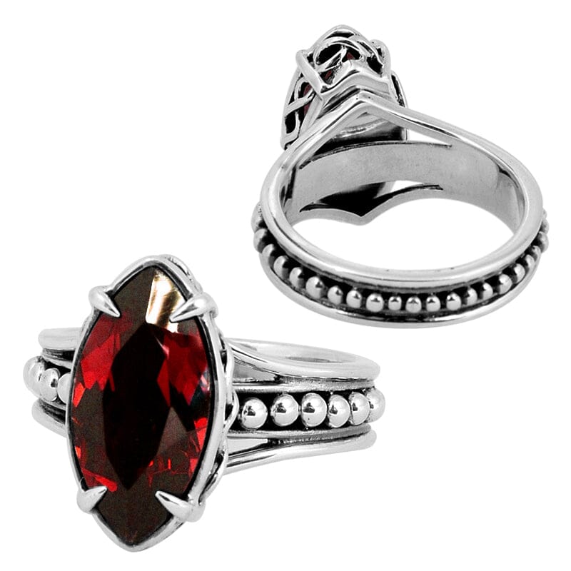 Sterling Silver Ring With Garnet Quartz Marquise Cut & Beaded Band Design Handcrafted In Bali