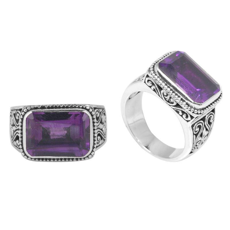Sterling Silver Ring With Amethyst Quartz Rectangular Cut & Balinese Scroll Design Handcrafted In Bali