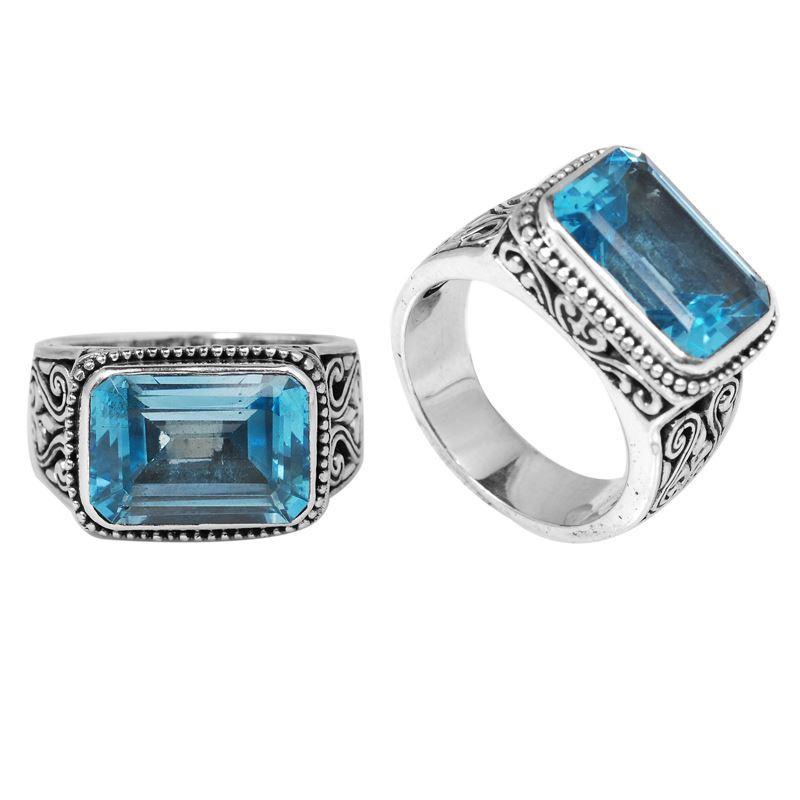 Sterling Silver Ring With Blue Topaz Quartz Rectangular Cut & Balinese Scroll Design Handcrafted In Bali