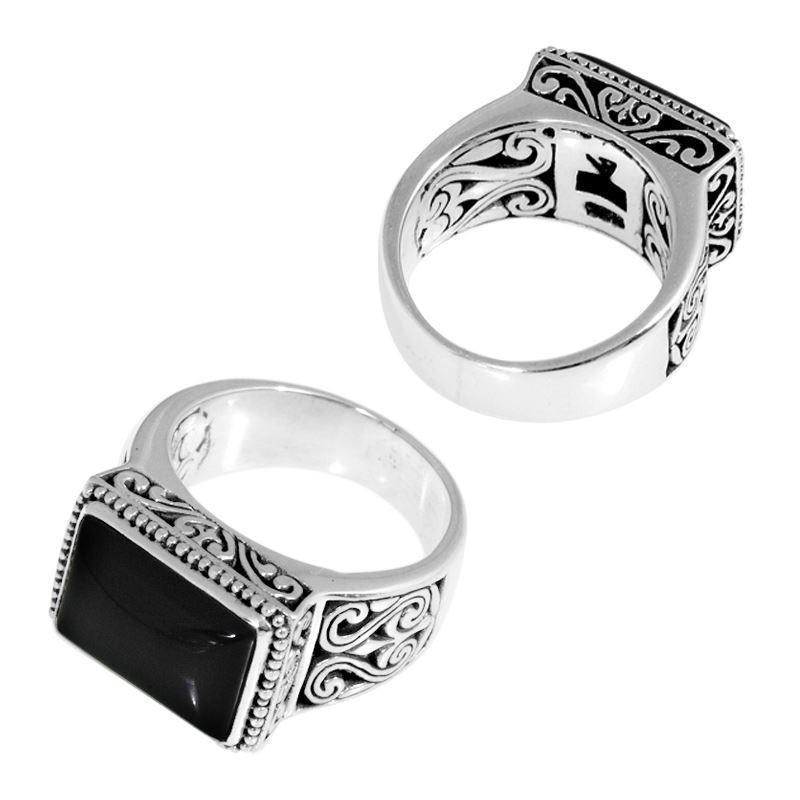 Sterling Silver Ring With Black Onyx Rectangular Cabochon & Balinese Scroll Design Handcrafted In Bali