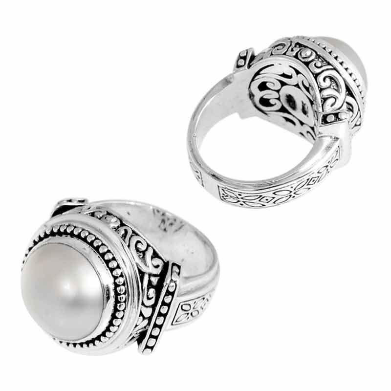 Sterling Silver Ring With Mother Of Pearl Round Cabochon & Balinese Beaded Design Handcrafted In Bali