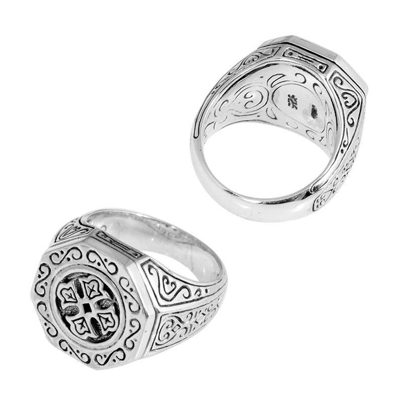 Sterling Silver Ring With Hexagonal Signet Engraved Cross & Balinese Scroll Design Handcrafted In Bali