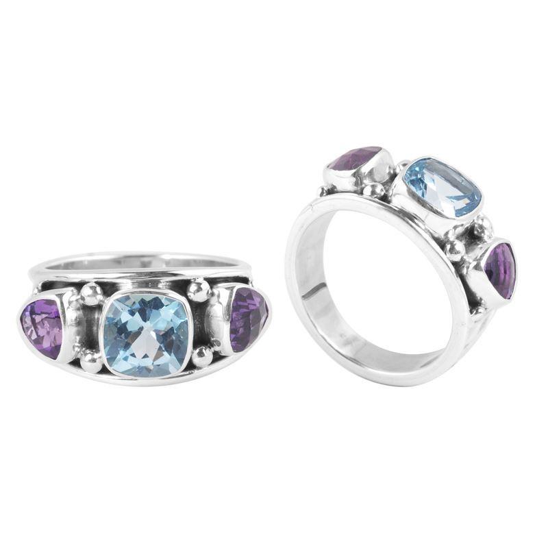 Sterling Silver Ring With Blue Topaz Quartz & Amethyst Quartz Triple-Stone Design Handcrafted In Bali