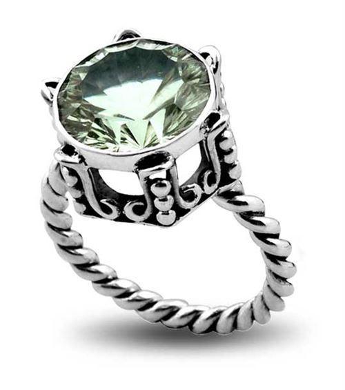 Sterling Silver Ring With Green Amethyst Quartz & Twisted Rope Band Crown Setting Handcrafted In Bali