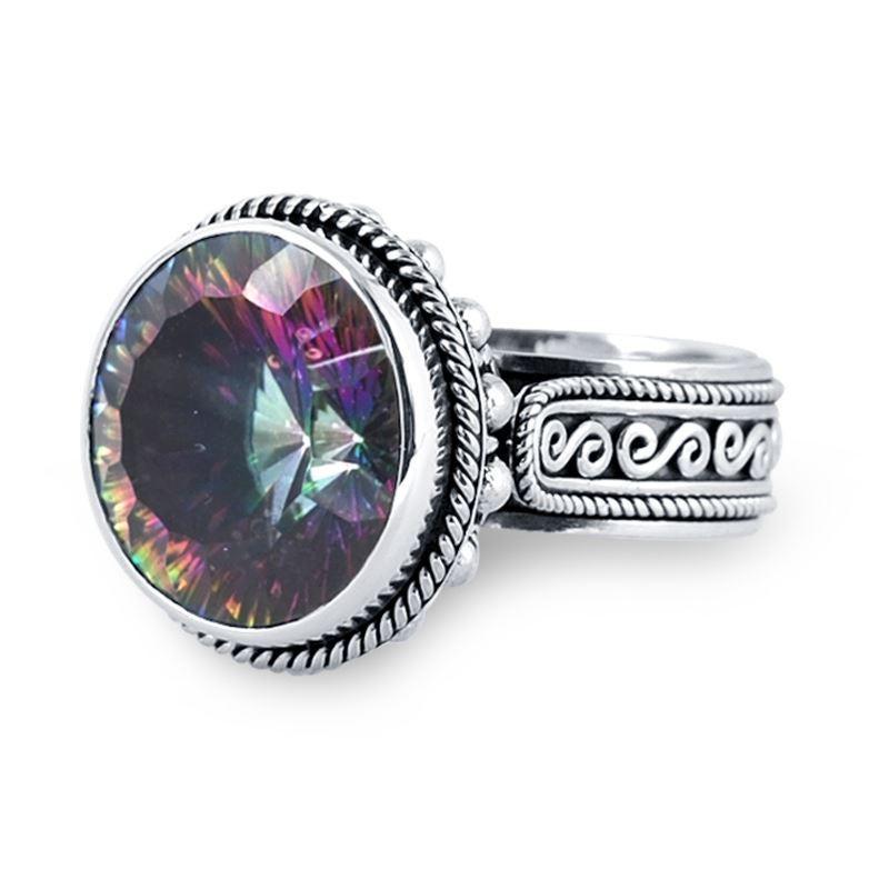Sterling Silver Ring With Mystic Quartz And Balinese Rope Swirl Handcrafted Design