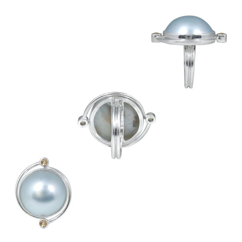 Sterling Silver Ring With Grey Mabe Pearl And Citrine Quartz, Minimalist Design, Antique Oxidized Finish, Handcrafted In Bali