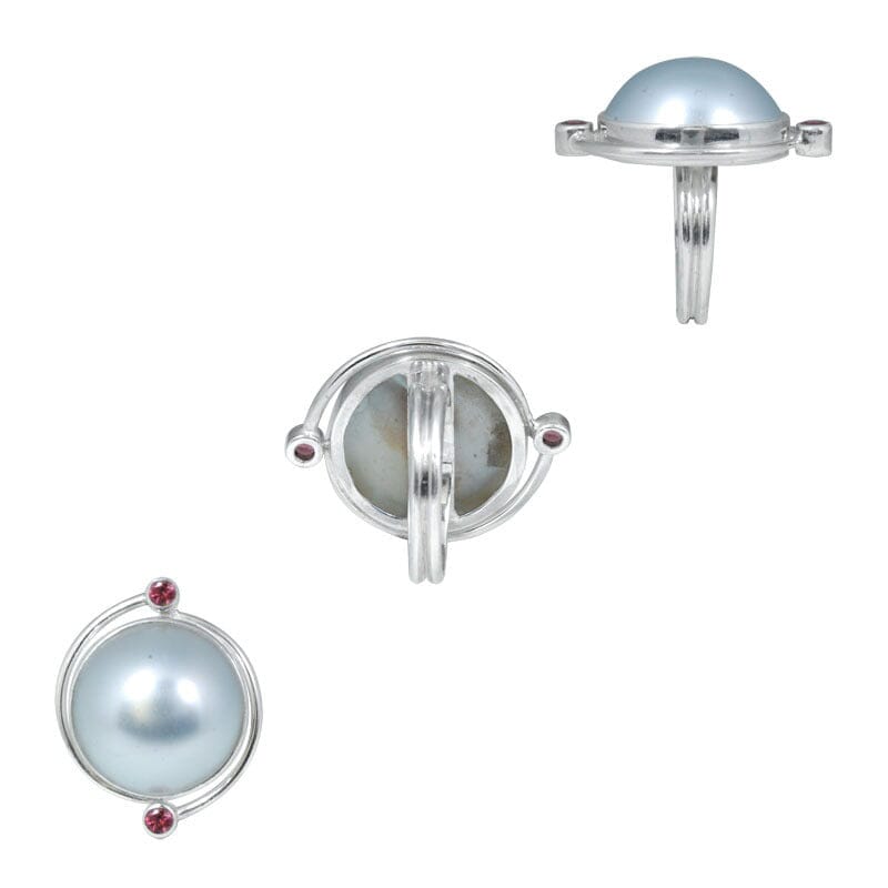 Sterling Silver Ring With Grey Mabe Pearl And Garnet Quartz, Minimalist Design, Antique Oxidized Finish, Handcrafted In Bali