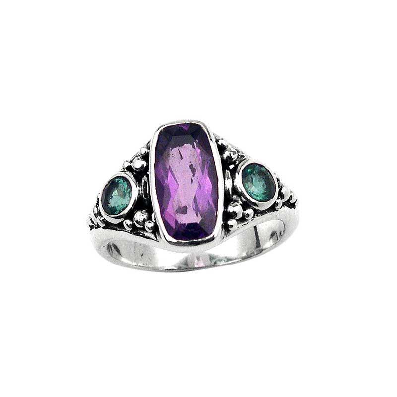 Sterling Silver Ring With Amethyst And Green Quartz, Beaded Dual Stone Design, Antique Oxidized Finish, Handcrafted In Bali