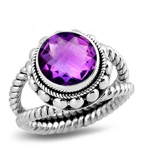 Sterling Silver Ring With Amethyst Quartz, Twisted Rope Band Design, Antique Oxidized Finish, Handcrafted In Bali