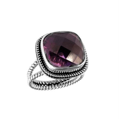 Sterling Silver Ring With Amethyst Quartz, Cushion Rope Frame, Mirror Polished Silver Finish, Handcrafted In Bali