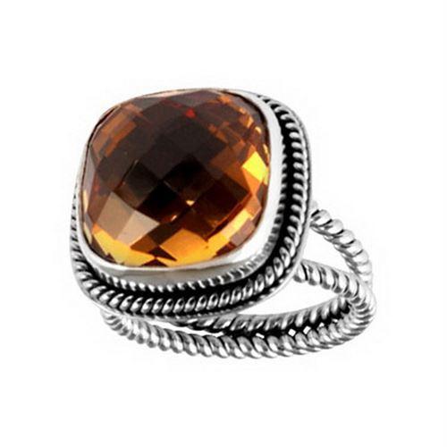 Sterling Silver Ring With Citrine Quartz, Cushion Rope Frame, Mirror Polished Silver Finish, Handcrafted In Bali