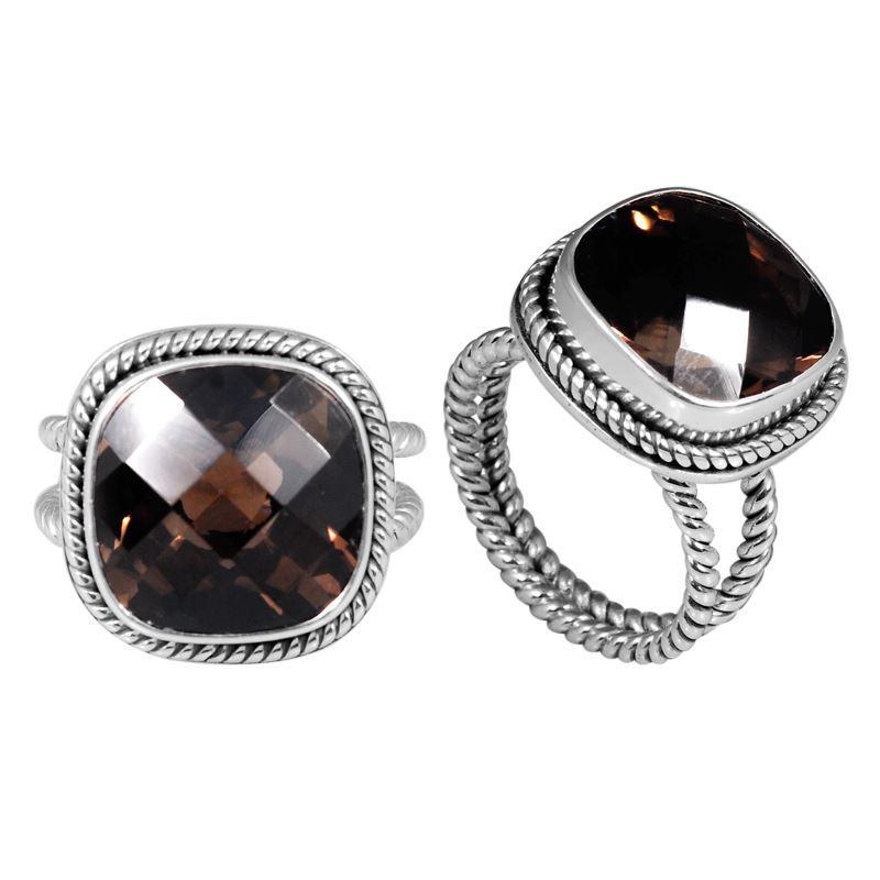 Sterling Silver Ring With Smoky Quartz, Cushion Rope Frame, Mirror Polished Silver Finish, Handcrafted In Bali