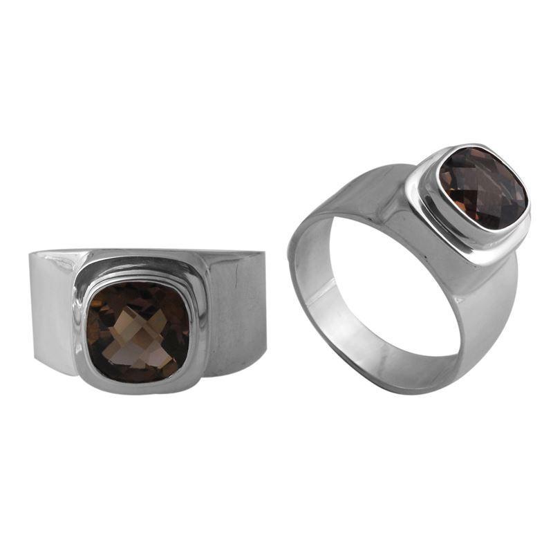 Handcrafted sterling silver Smoky Topaz Quartz cushion ring with smooth bezel Bali design