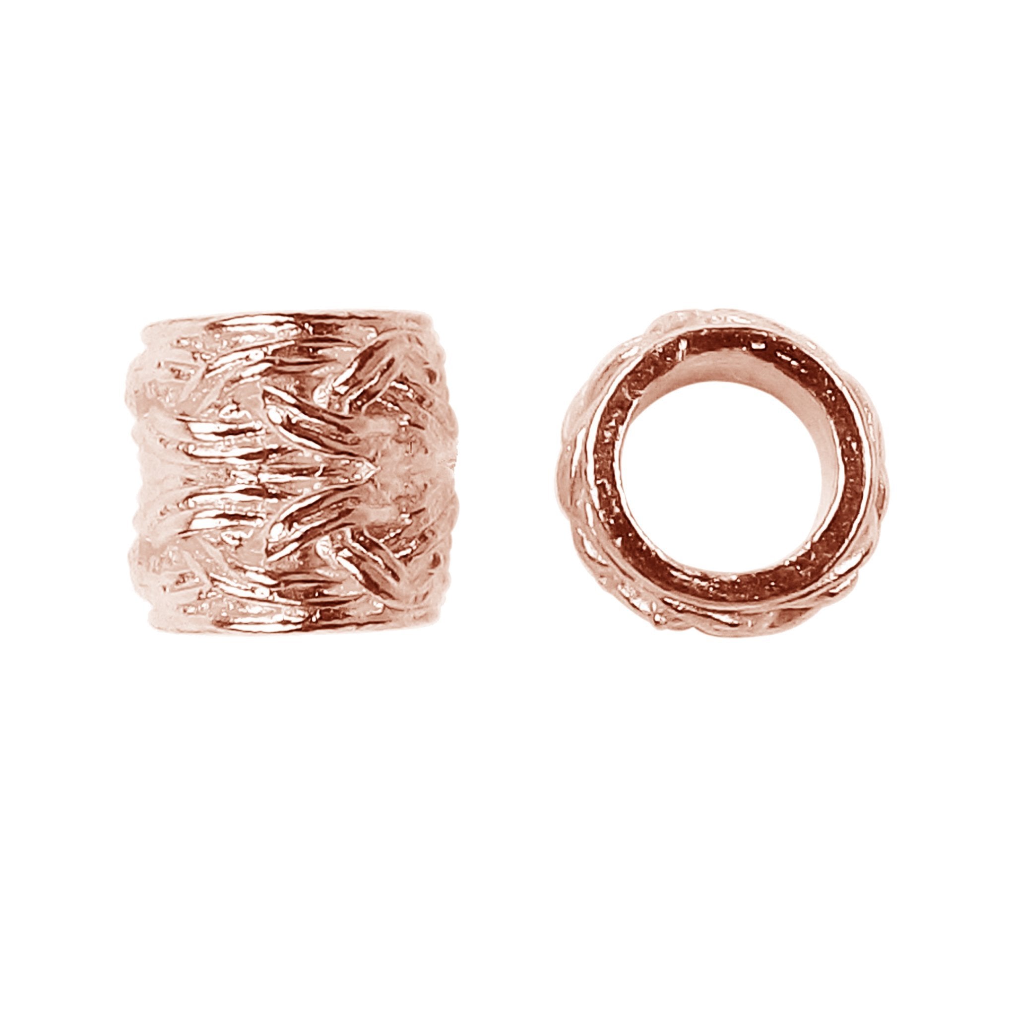 Braided woven large hole spacer bead with rose gold overlay over copper, handcrafted in India for jewelry making
