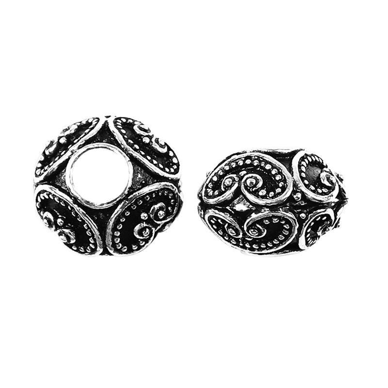 Silver Overlay Over Copper scroll pattern barrel spacer bead handcrafted in India, decorative metallic finish jewelry making component.