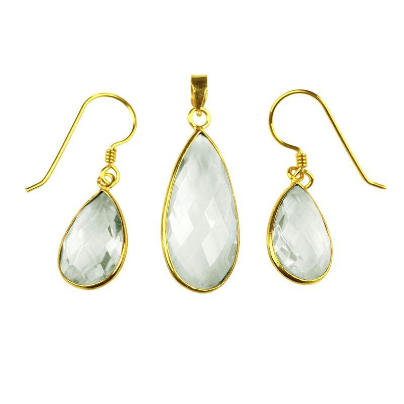 18K Gold Overlay Over Copper Crystal Quartz Teardrop Earring And Pendant Set