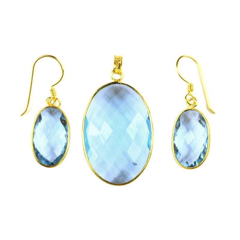 18K Gold Overlay Over Copper Large Oval Blue Topaz Quartz Pendant And Earring Set