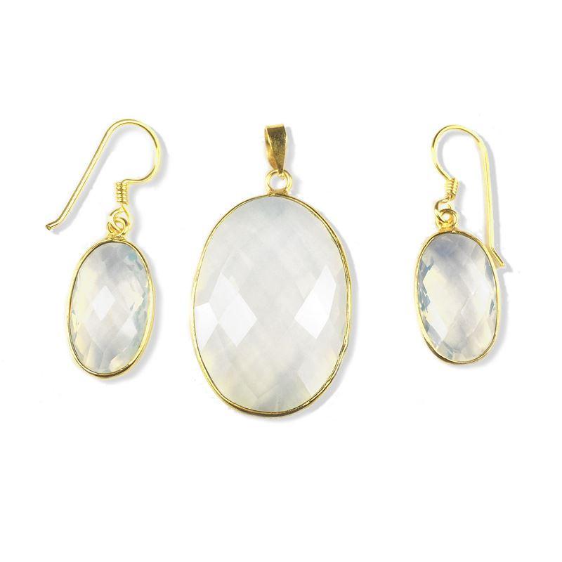 18K Gold Overlay Over Copper Oval Crystal Quartz Pendant And Earring Set