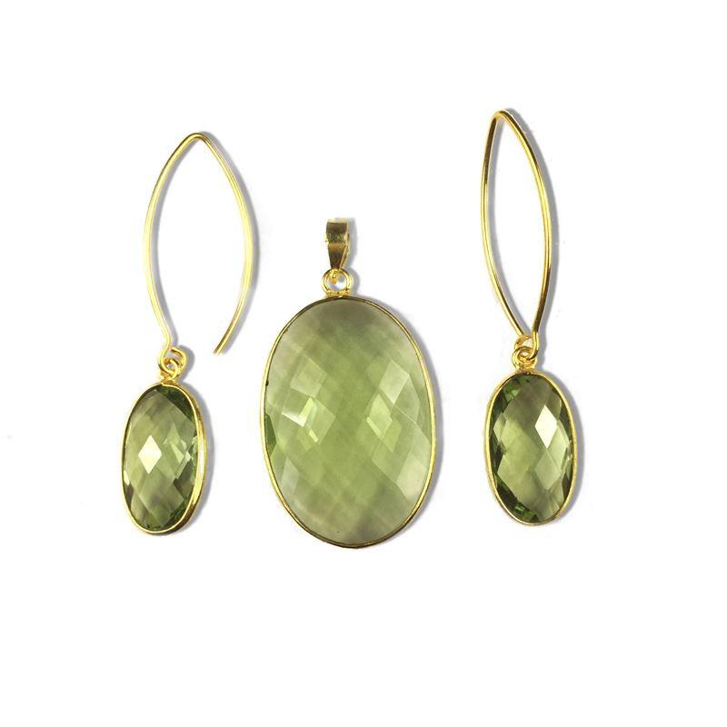 18K Gold Overlay Over Copper Oval Green Amethyst Quartz Pendant And Earring Set