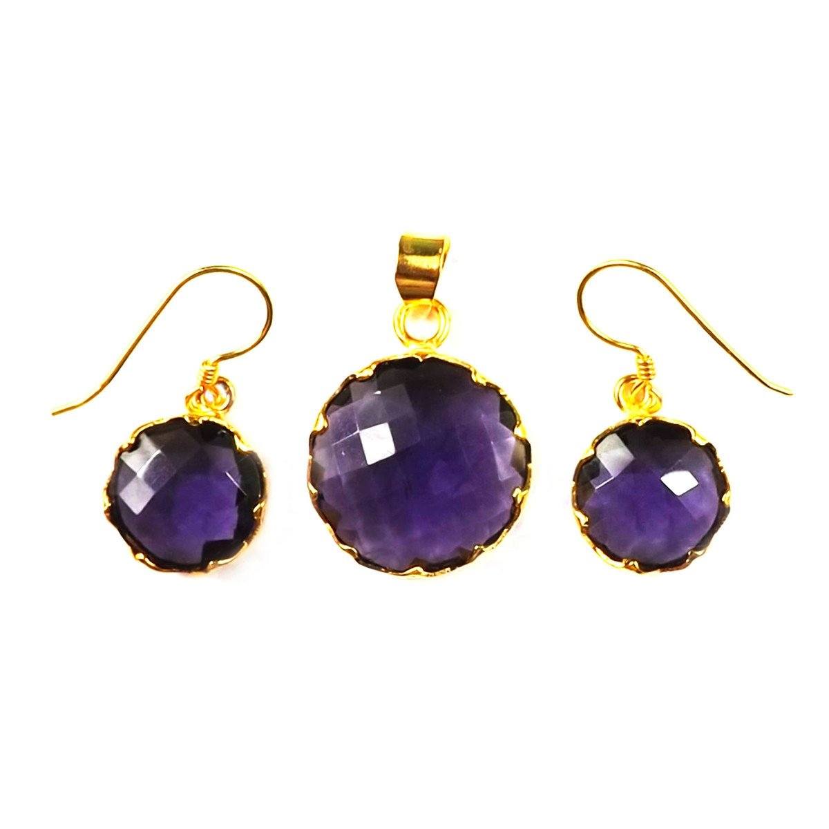 18K Gold Overlay Over Copper Round Amethyst Quartz Pendant And Earring Set