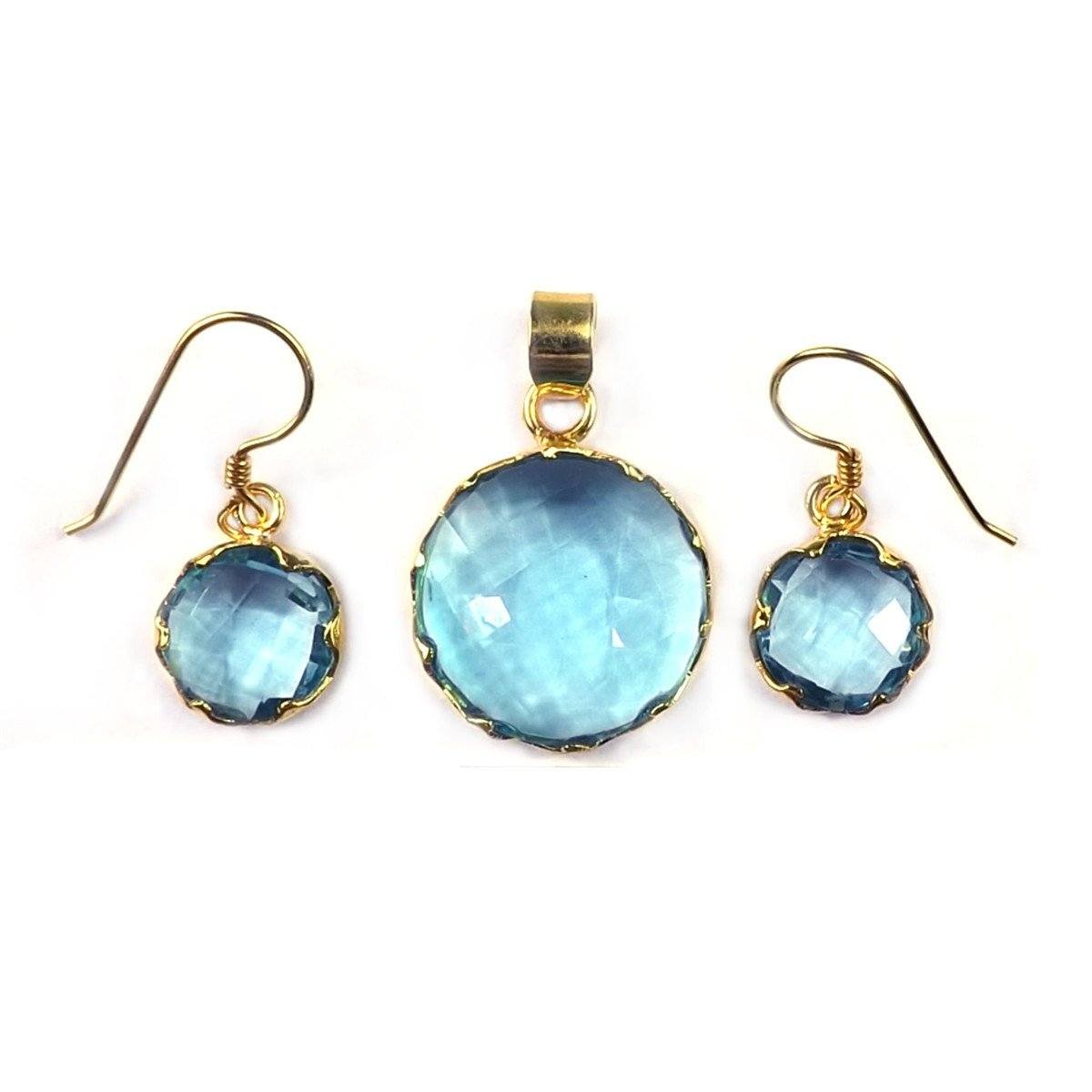 18K Gold Overlay Over Copper Blue Topaz Quartz Round Pendant And Earring Set