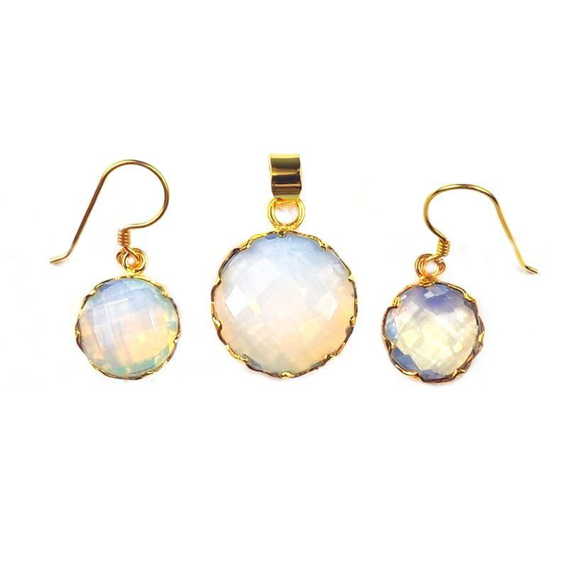18K Gold Overlay Over Copper Crystal Quartz Round Pendant And Earring Set